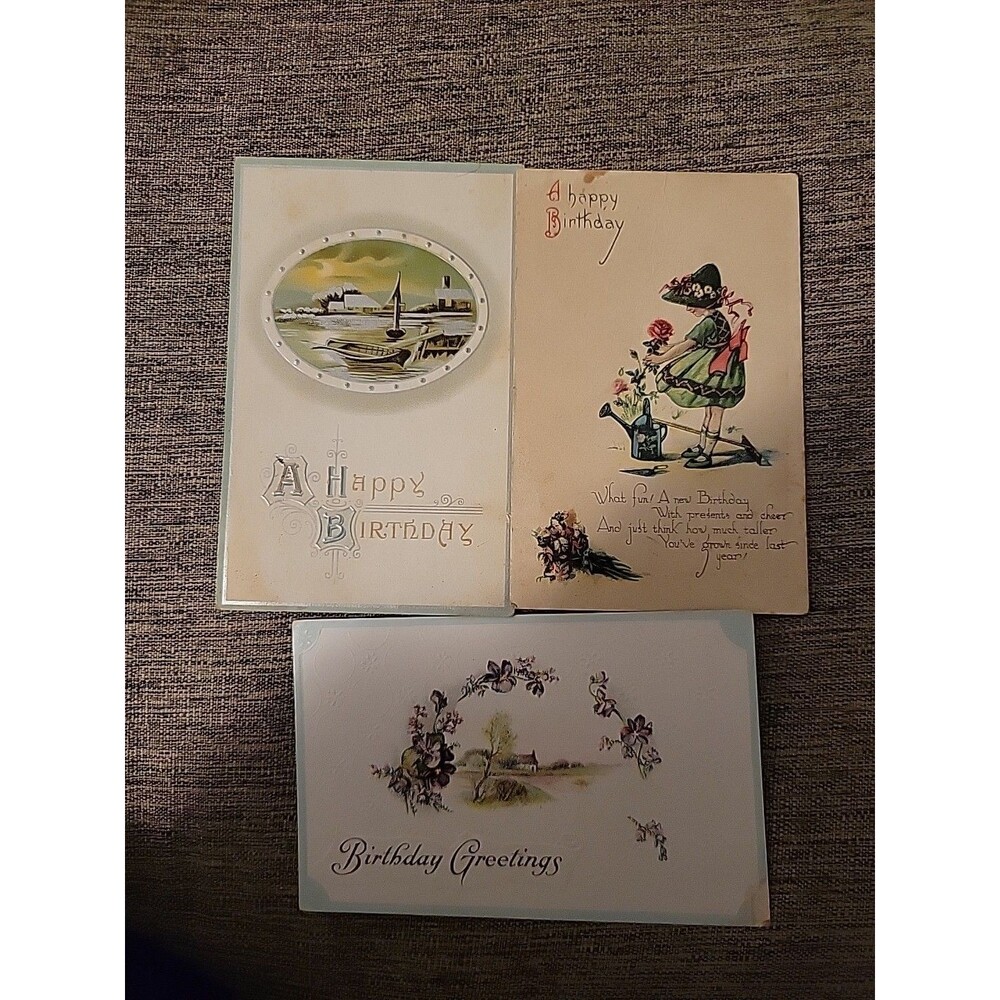 Lot Of 3 Vtg 1934 Happy Birthday Postcards Boat Child Garden Flowers Divided
